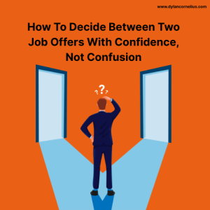 Confused man standing between two open doors, symbolizing a tough career decision between two job offers.